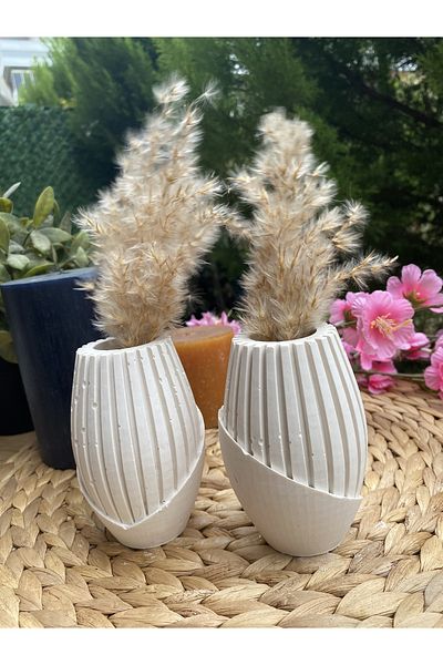 Hepsi Moda Scandinavian Decorative 10 cm Concrete Vase - Pampas and Figurine Set of 2
