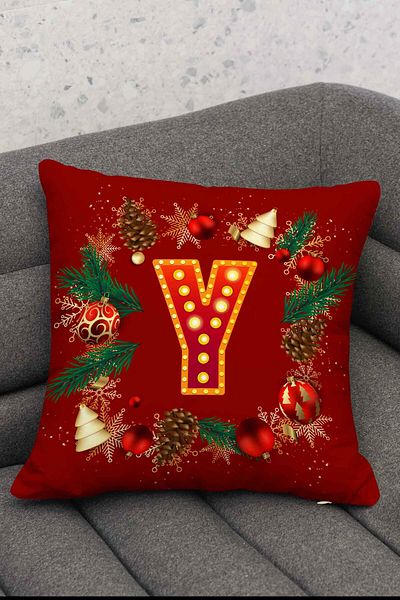 Hayal Dekoratif New Year's Themed Red Colored Globe Patterned Digital Printed Throw Pillow Cover