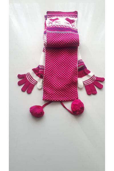 Demas Triko Demas Girl's Fuchsia 3-Piece Deer Patterned Beanie Scarf Gloves Set