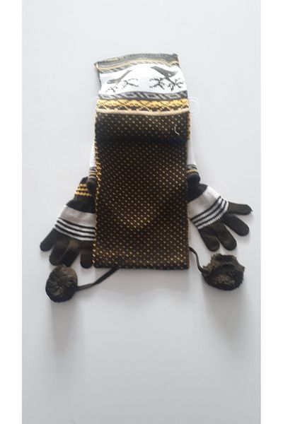 Demas Triko Demas Boy's Brown Yellow 3-Piece Deer Patterned Beanie Scarf Gloves Set