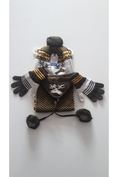 Demas Triko Demas Boy's Brown Yellow 3-Piece Deer Patterned Beanie Scarf Gloves Set
