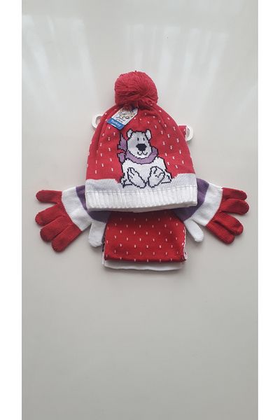 Demas Triko Demas Girl's Pink 3-Piece Teddy Bear Patterned Beanie Scarf Gloves Set