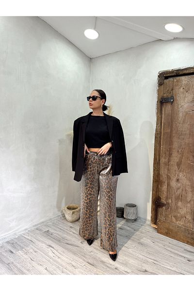 MERVE EŞSİZ Merve Unique Design Light Shiny Leopard Patterned Wide Cut Women's Trousers