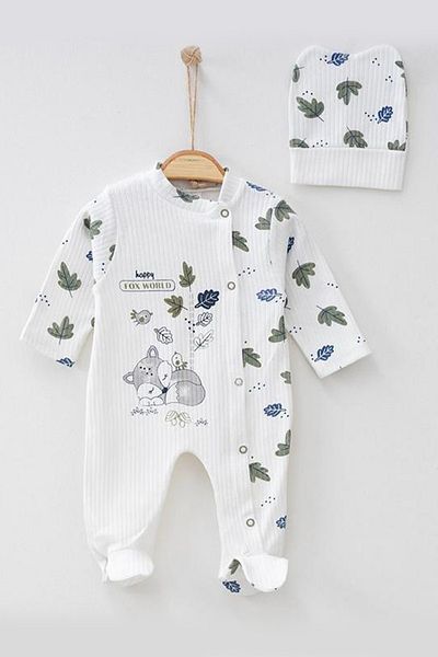 ADABEBEK 100% Cotton Nature Themed Ribbed Jumpsuit with Hat 4527
