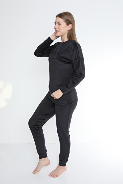 FAMES PİJAMA Black Free Time French Velvet Long Sleeve Winter Women's Pajama Set