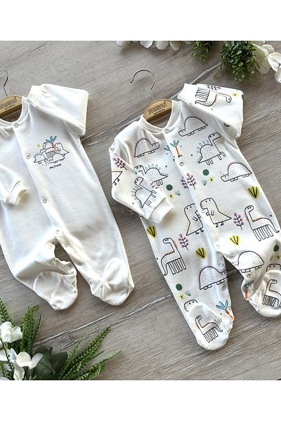 Renkli Puset 2-Piece Organic Cotton Combed Baby Rompers with Booties Set Dinosaurs