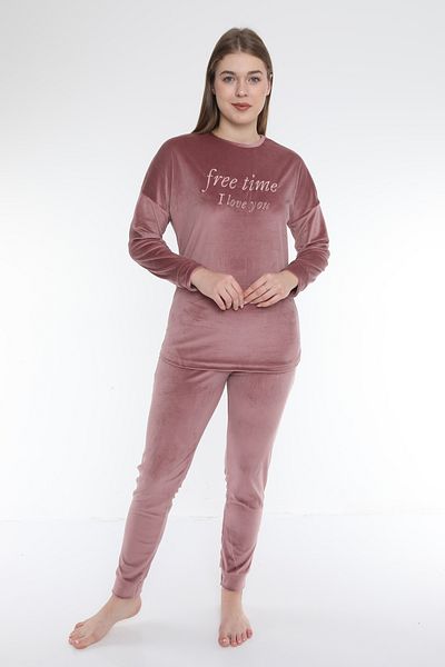 FAMES PİJAMA Pink Free Time French Velvet Long Sleeve Winter Women's Pajama Set