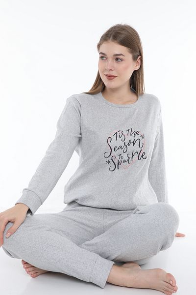 FAMES PİJAMA Black Written Heart Patterned Gray Interlock Fabric Long Sleeve Women's Pajama Set