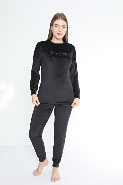 FAMES PİJAMA Black Free Time French Velvet Long Sleeve Winter Women's Pajama Set
