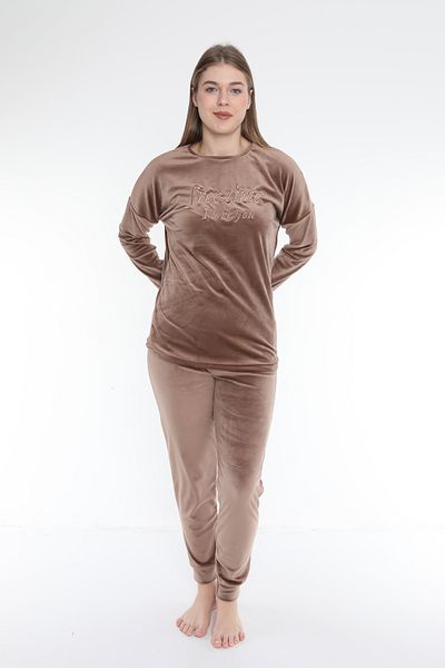 FAMES PİJAMA Brown Free Time French Velvet Long Sleeve Winter Women's Pajama Set
