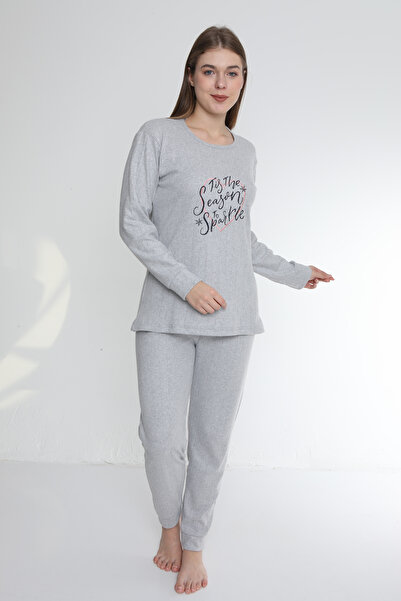 FAMES PİJAMA Black Written Heart Patterned Gray Interlock Fabric Long Sleeve Women's Pajama Set