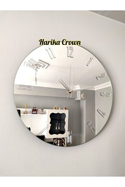harika crown Dekoratif Gerçek aynalı Duvar Saati Ahşap Çerceve Rakamlar Pleksi (40 Cm)