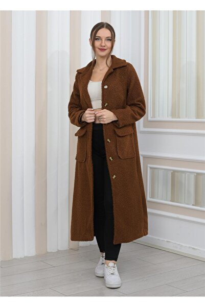 Nuseel Кафяво плюшено къдраво дълго палто с яка за нов сезон