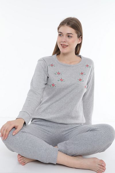 FAMES PİJAMA Gray Floral Interlock Fabric Long Sleeve Women's Pajama Set