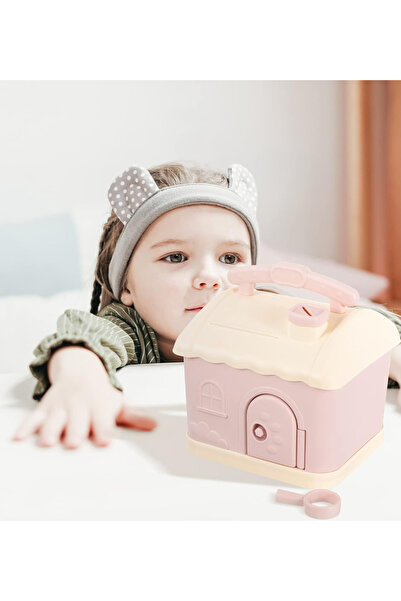 wentox Sevimli Ev Motifli Anahtarlı Kumbara Pembe