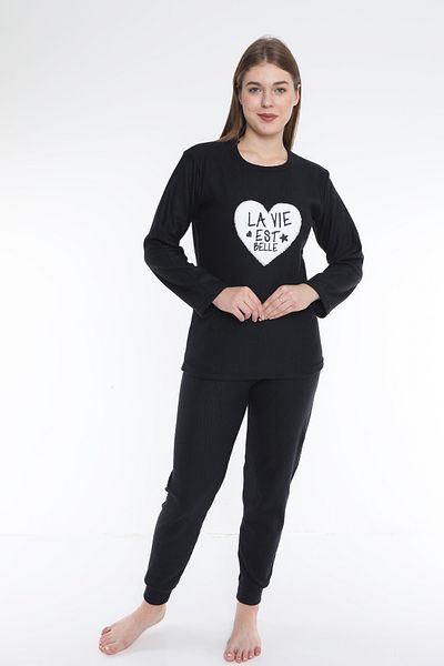 FAMES PİJAMA Est Belle Black Rose Gold Interlock Fabric Long Sleeve Winter Women's Pajama Set