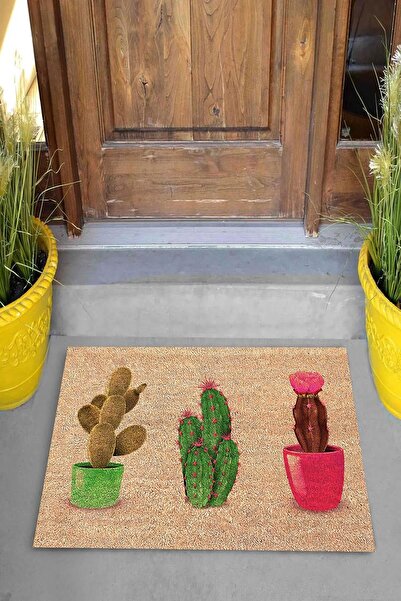 linazaitun Dijital Baskılı Renkli Saksılı Kaktüs Desenli Dekoratif Kapı Önü Paspası