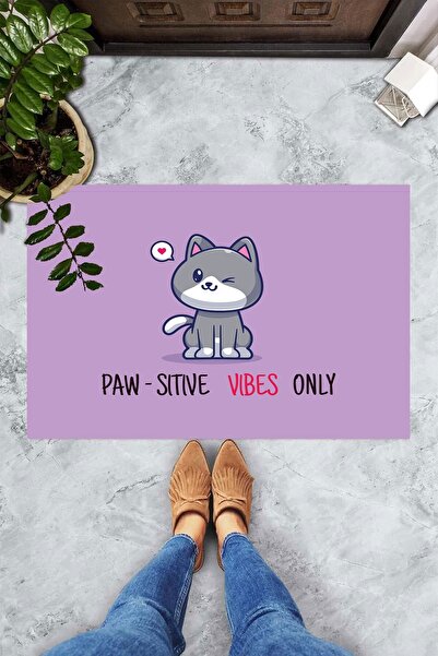 linazaitun Dijital Baskılı Paw-Sitive Vibes Only Yazılı Dekoratif Kapı Önü Pa...