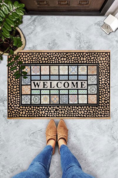 linazaitun Dijital Baskılı Welcome Yazılı Taş Desenli Dekoratif Kapı Önü Paspası