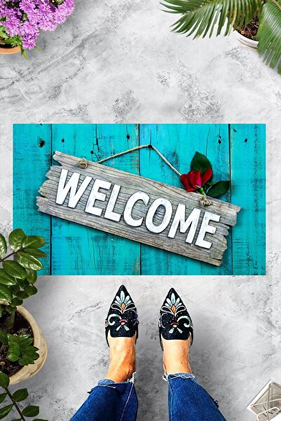 linazaitun Dijital Baskılı Kapı Üzerine Welcome Yazılı Dekoratif Kapı Önü Pas...