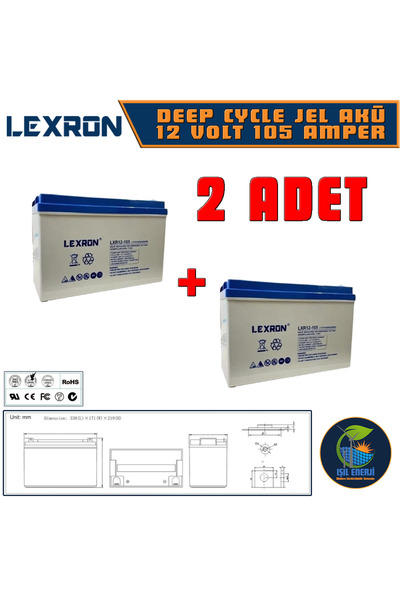 Lexron 12v 105 Ah Solar Jel Akü - 12 Volt 105 Amper Solar Jel Akü - 2 Adet