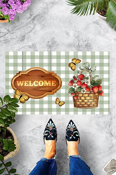 linazaitun Dijital Baskılı Welcome Yazılı Çiçek Sepeti Desenli Dekoratif Kapı Önü Paspası