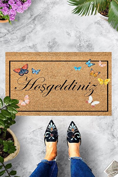 linazaitun Dijital Baskılı Hoşgeldiniz Yazılı Siyah Çerçeveli Kelebek Desenli...