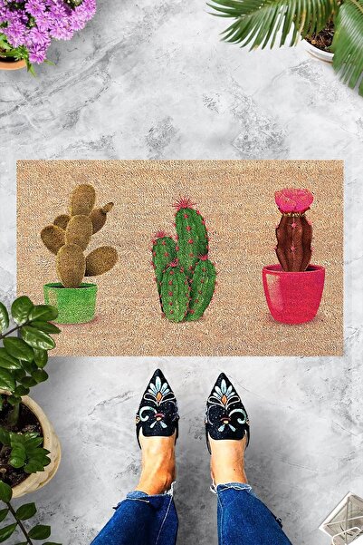 linazaitun Dijital Baskılı Renkli Saksılı Kaktüs Desenli Dekoratif Kapı Önü Paspası