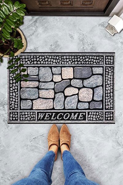 on the clouds Dijital Baskılı Welcome Yazılı Taş Desenli Dekoratif Kapı Önü Paspası
