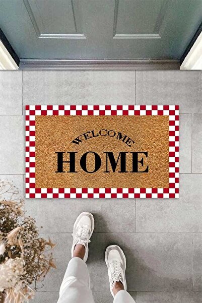 linazaitun Dijital Baskılı Welcome Home Yazılı Kırmızı Dama Figürlü Dekoratif Kapı Önü Paspası