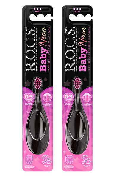 R.O.C.S. Extra Soft Toothbrush for 0-3 Years Old Neon Baby - Pink Set of 2