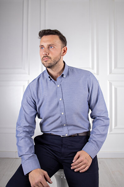 Sarar Ccs Collar Buttoned Textured Navy Blue Shirt