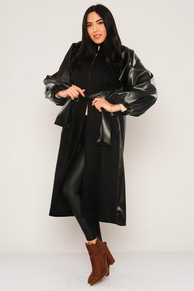 Lila Rose Deri Garnili Uzun Kaşe Kaban