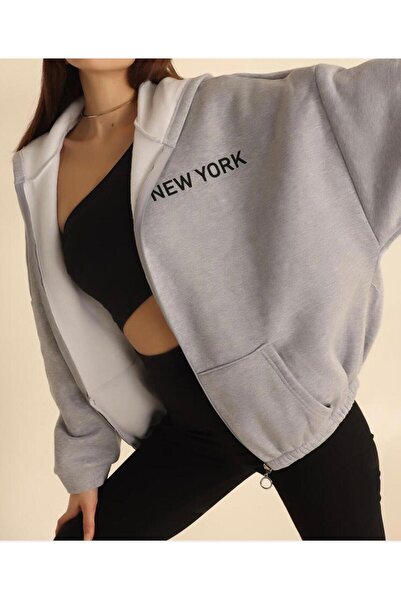 OVERSİZE GRİ FERMUARLI İÇİ ŞARDONLU SWEAT