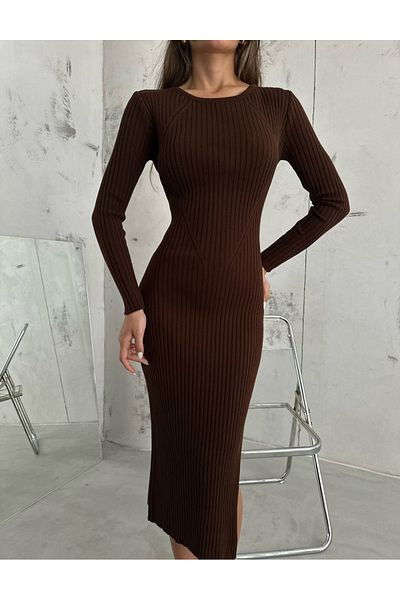 lovebox Women's Slit Knitwear Brown Dress 23W25012