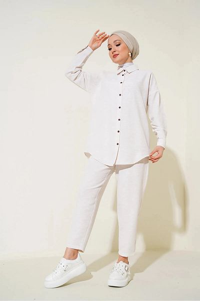 hazelin Women's Hijab Cream Linen Shirt and Trousers Top-bottom Double Suit HZL24W-BD166221