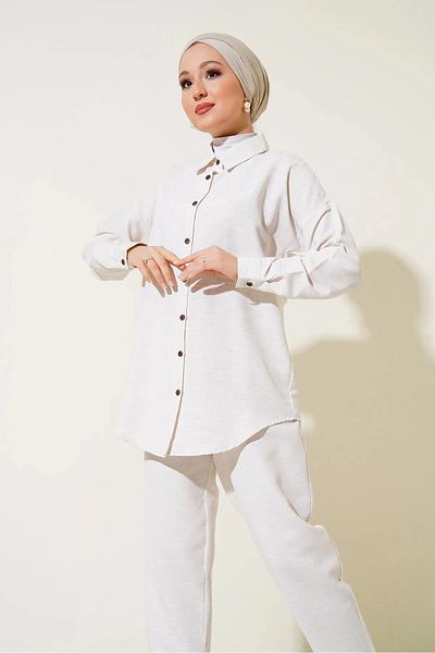hazelin Women's Hijab Cream Linen Shirt and Trousers Top-bottom Double Suit HZL24W-BD166221
