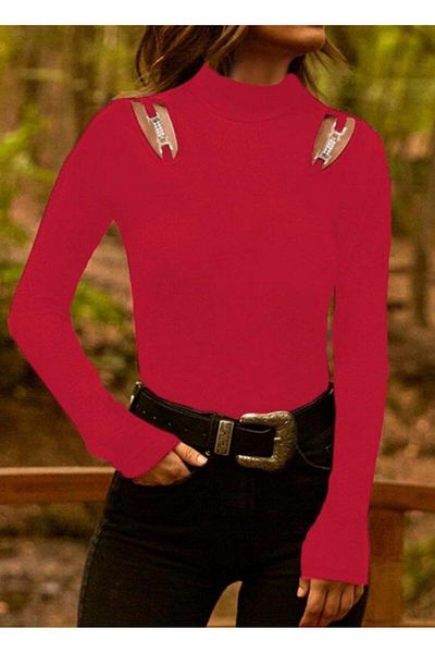 BELLA NOTTE Women's Long Sleeve Shoulder Low Cut and Accessory Detail Viscose Blouse