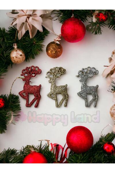 Happyland Yılbaşı Çam Ağacı Süsü 3 Adet Renkli Geyik Süs Simli Kırmızı,gold,gümüş 3 Renk Geyik Yılbaşı Süs
