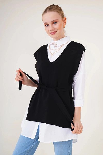 hazelin Women's Black V-Neck Side Slit Belted Knitwear Sweater HZL25W-BD1465001