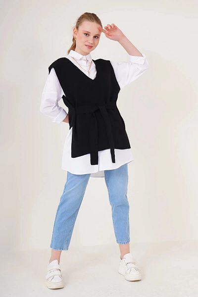 hazelin Women's Black V-Neck Side Slit Belted Knitwear Sweater HZL25W-BD1465001