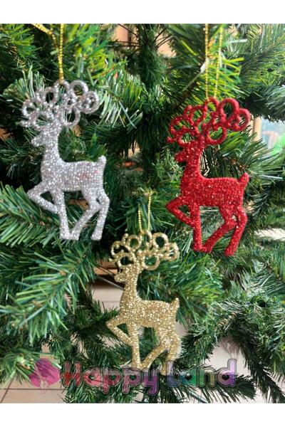 Happyland Yılbaşı Çam Ağacı Süsü 3 Adet Renkli Geyik Süs Simli Kırmızı,gold,gümüş 3 Renk Geyik Yılbaşı Süs