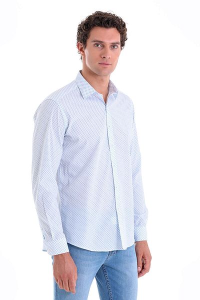 Hatemoğlu Синя ежедневна риза с дълъг ръкав и принт Slim Fit, 100% памук