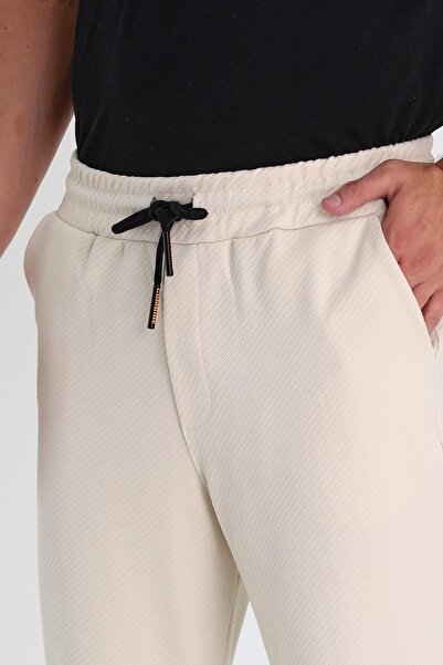 COMBİNE MİCHAİL Men's Cream Side Pocket Elastic Waist Lace Up Relaxed Fit Comfortable Cut Jogger Pants