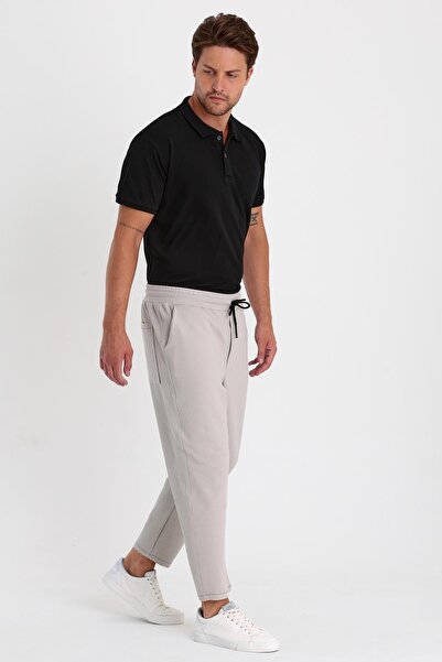 COMBİNE MİCHAİL Men's Gray Side Pocket Elastic Waist Lace Up Relaxed Fit Comfortable Cut Jogger Pants