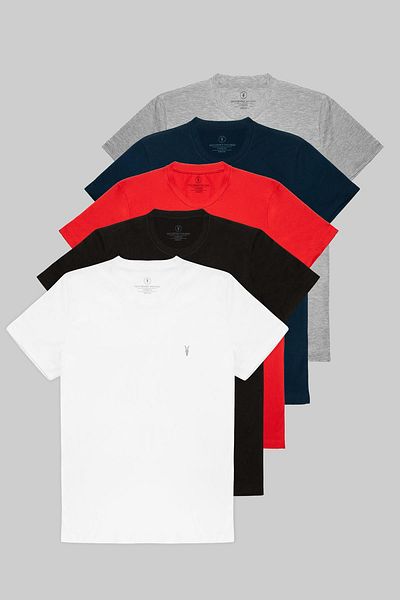 COMBİNE MİCHAİL Men's Black White Red Navy Blue Gray 100% Cotton 5-Piece T-shirt Pack