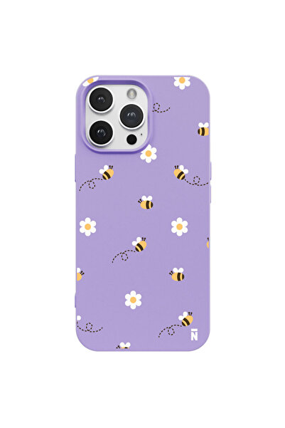 Casen iPhone 15 Pro Silikon Özel Tasarım Arı Papatya Desenli Sevimli Lila Ren...