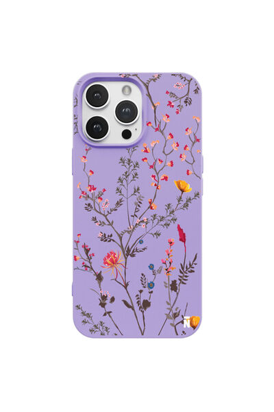 Casen iPhone 15 Pro Silikon Özel Tasarım Çiçekli Zarif Lila Renkli Telefon Kı...