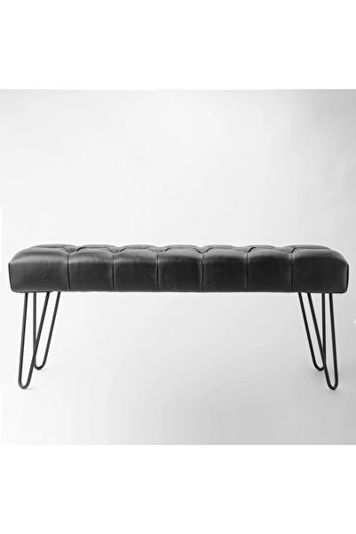 Passion Lerringe Siyah Metal Ayaklı Deri Kapitoneli Chester Yatak Ucu Oturma Bankı Puf Bench Koridor Oturağı