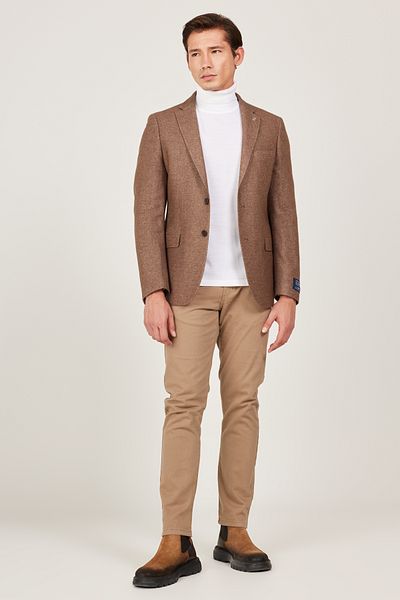 ALTINYILDIZ CLASSICS Мъжко кафяво вълнено яке Slim Fit Slim Fit с моно яка